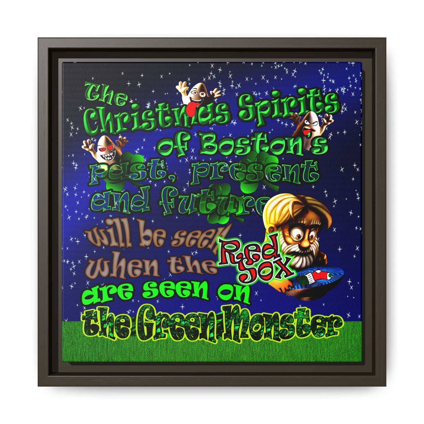 christmas spirits of boston - framed canvas art ('snoops' background)