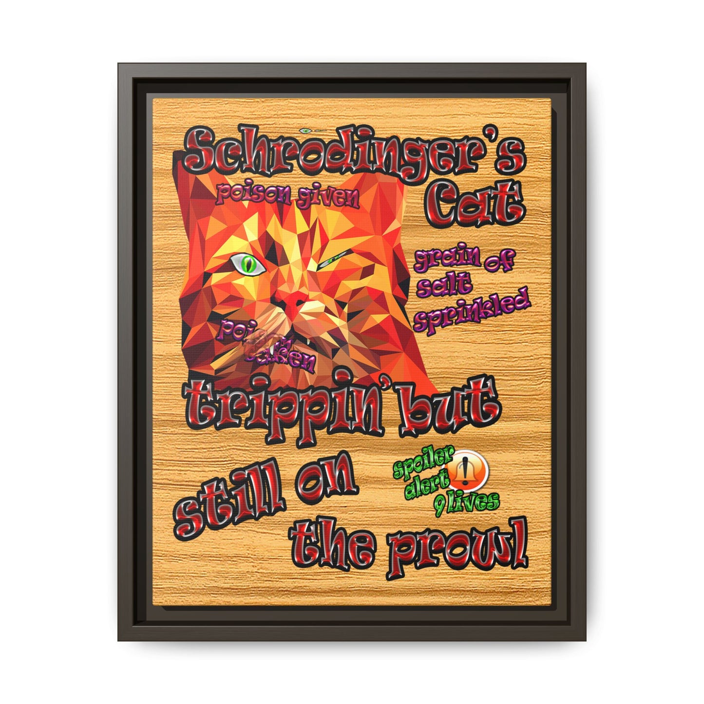 schrodinger's cat - framed canvas art (butterscotch wood finish)