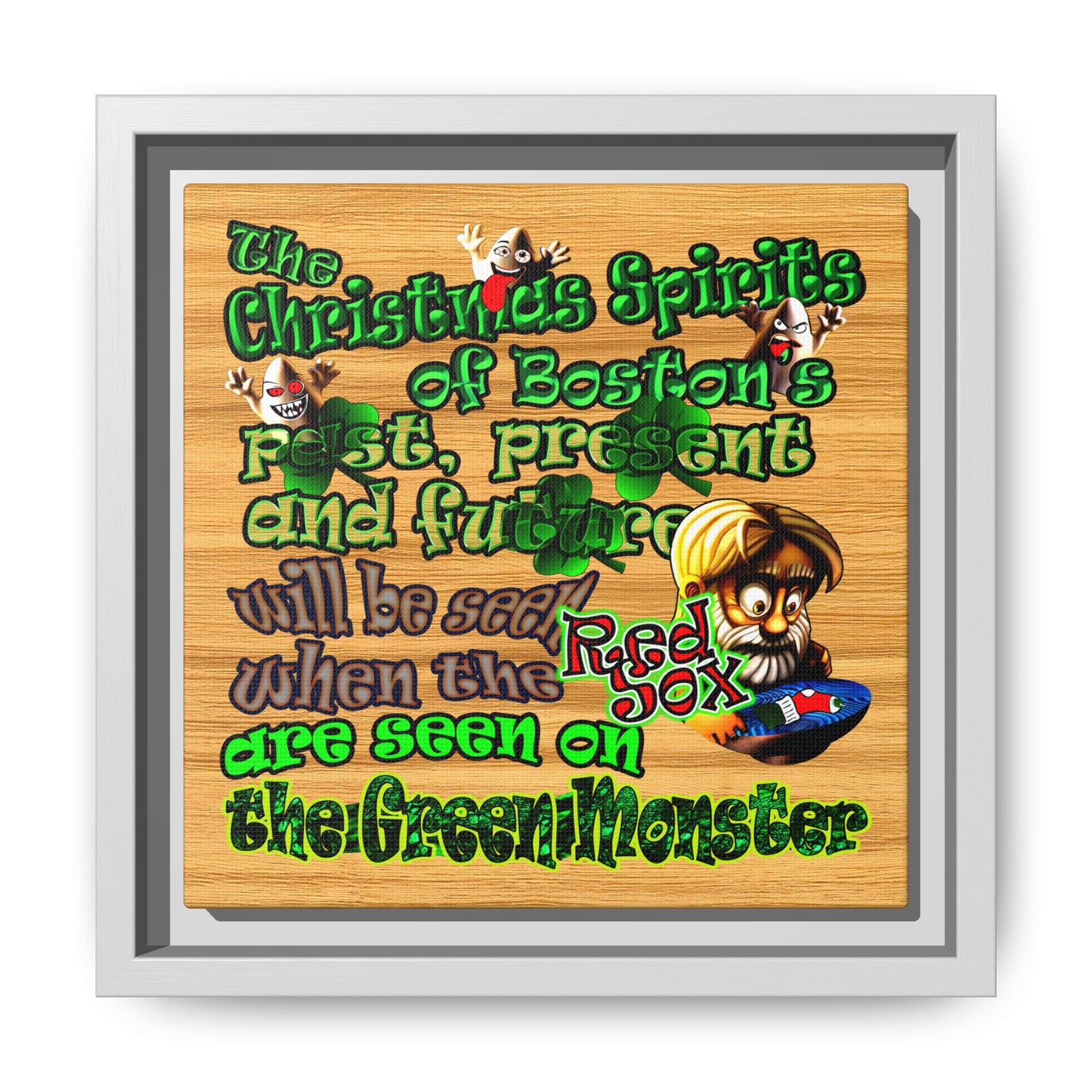 christmas spirits of boston - framed canvas art (butterscotch wood finish)