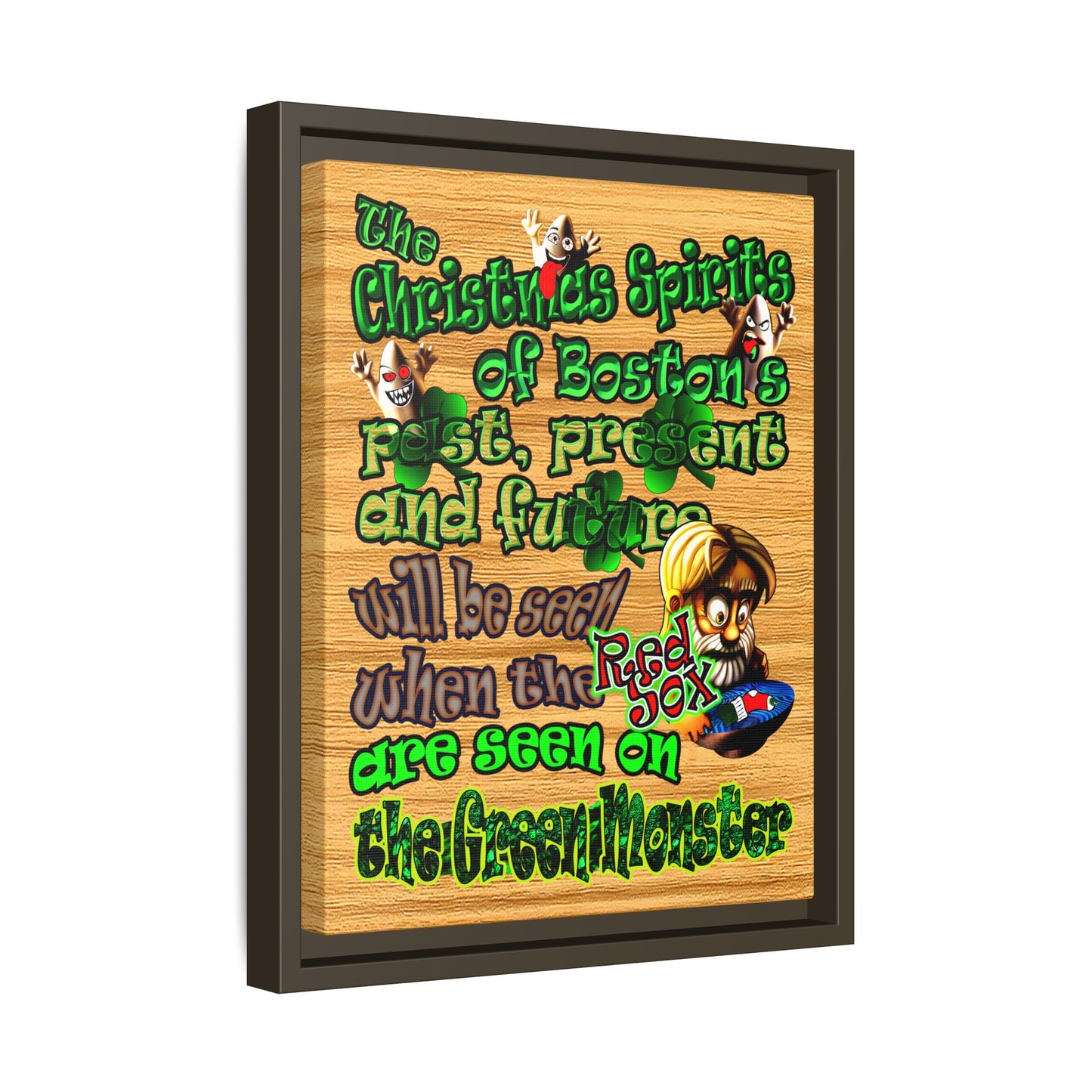 christmas spirits of boston - framed canvas art (butterscotch wood finish)