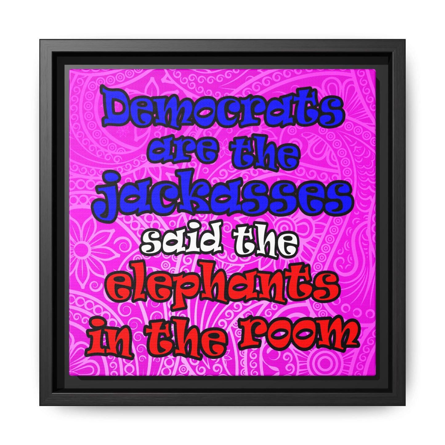 donkeys and elephants - framed canvas art (pink swirl)