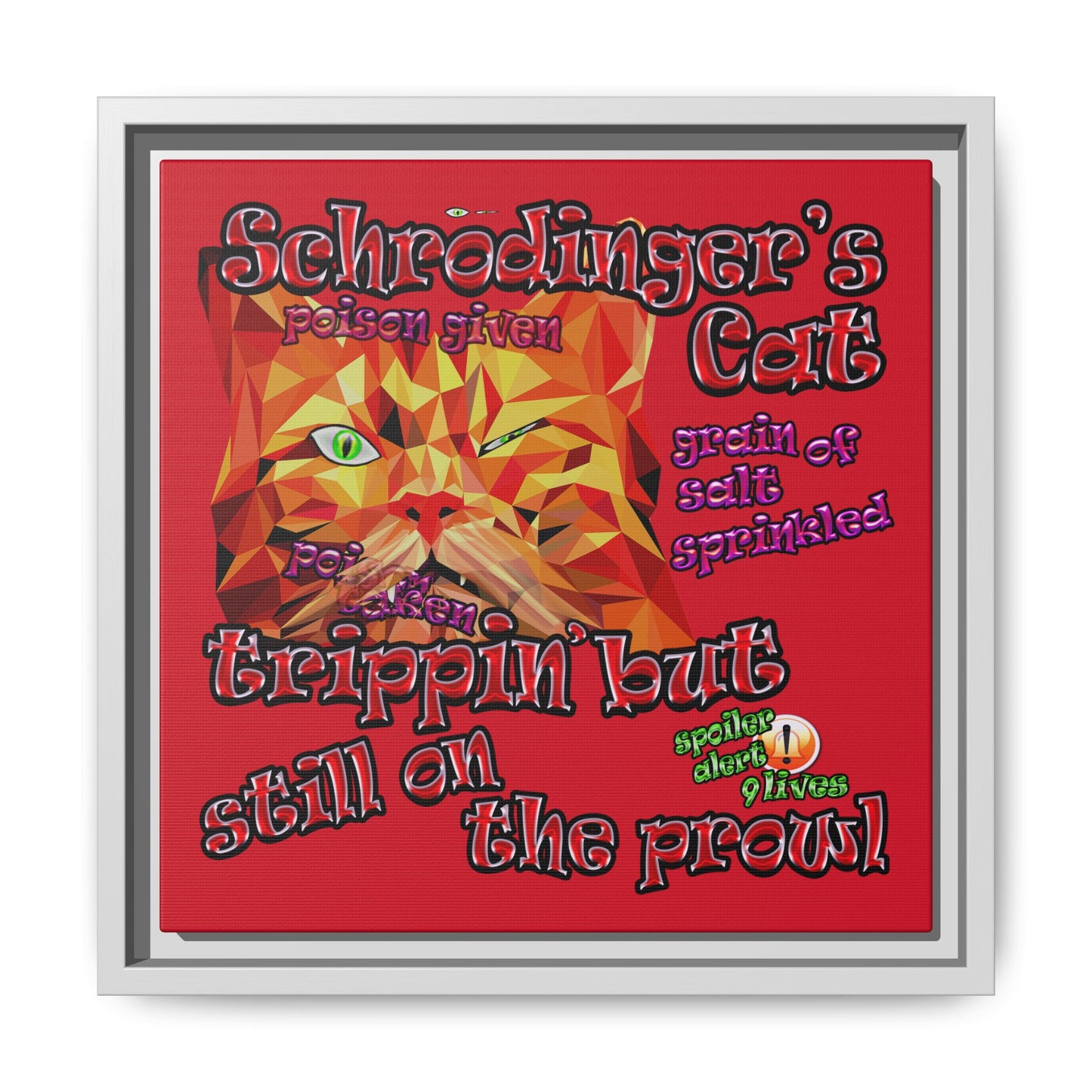 schrodinger's cat - framed canvas art (dark red)