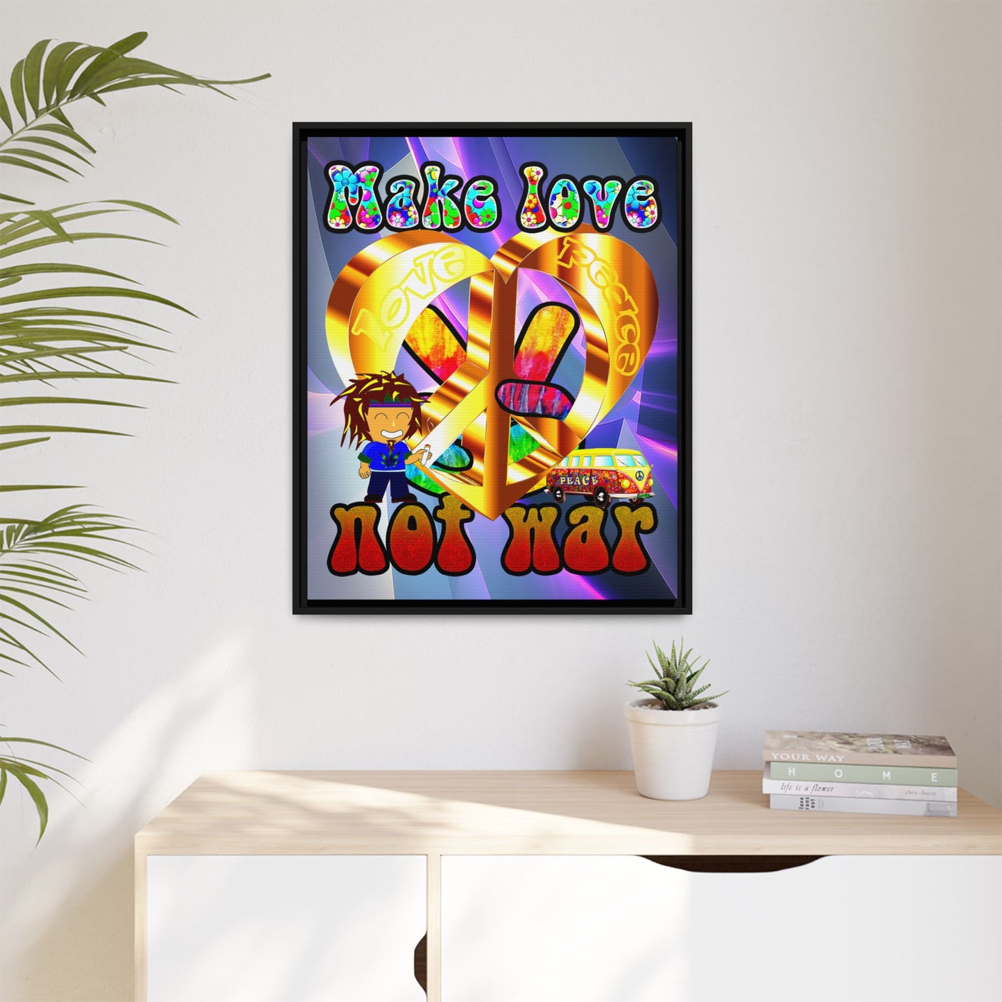 love peace - framed canvas art (grey-pink wave)