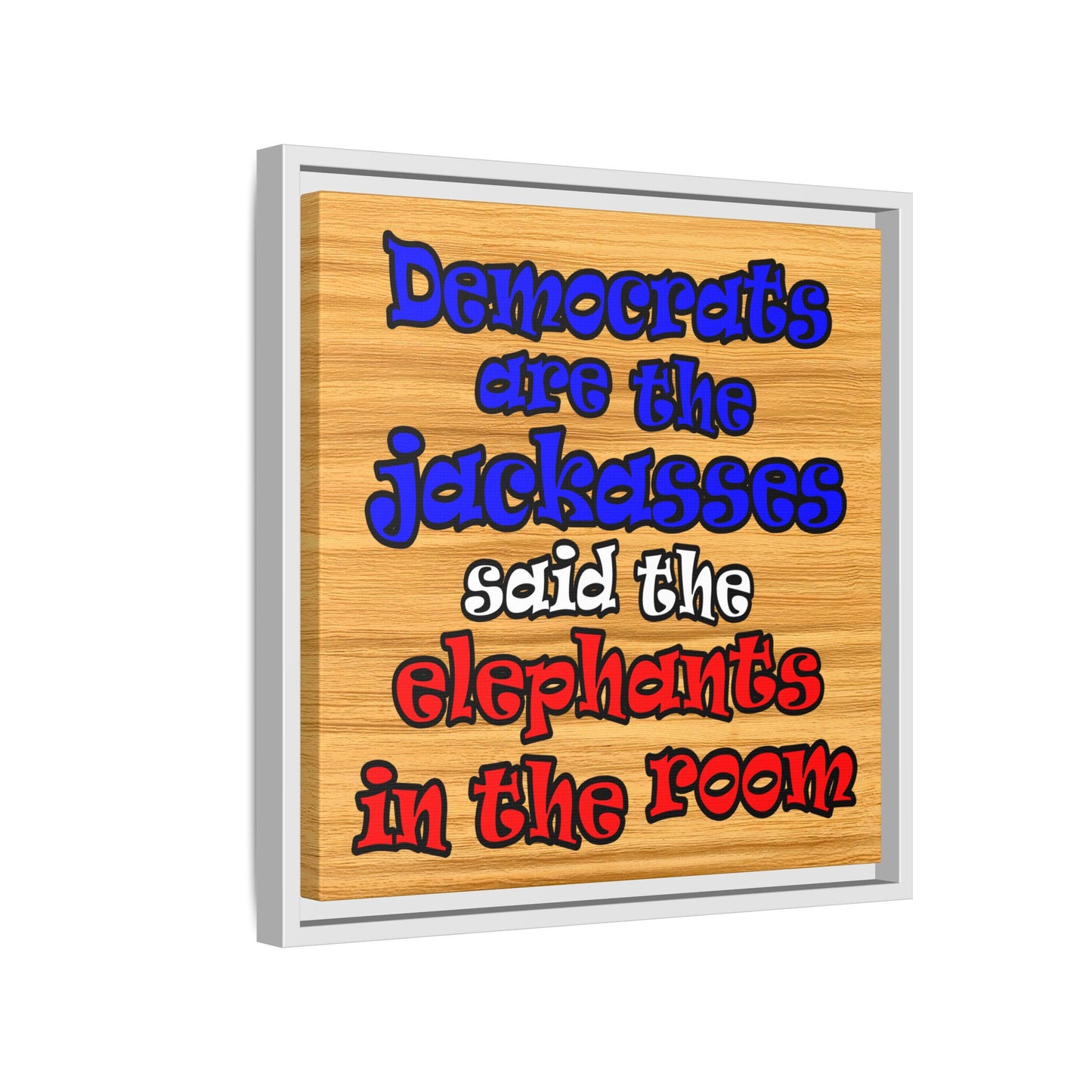donkeys and elephants - framed canvas art (butterscotch wood finish)