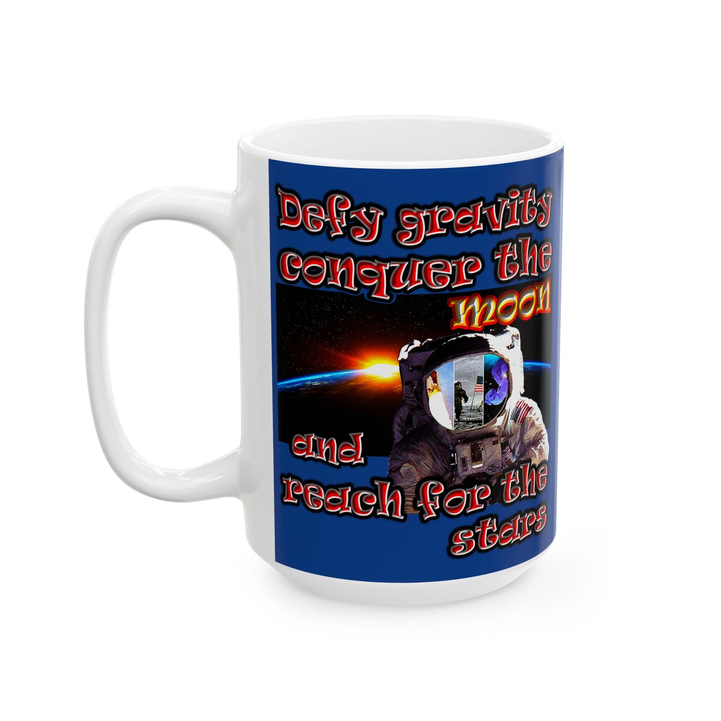 defy conquer reach - White Mug (dark blue)