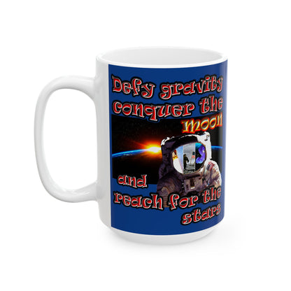 defy conquer reach - White Mug (dark blue)