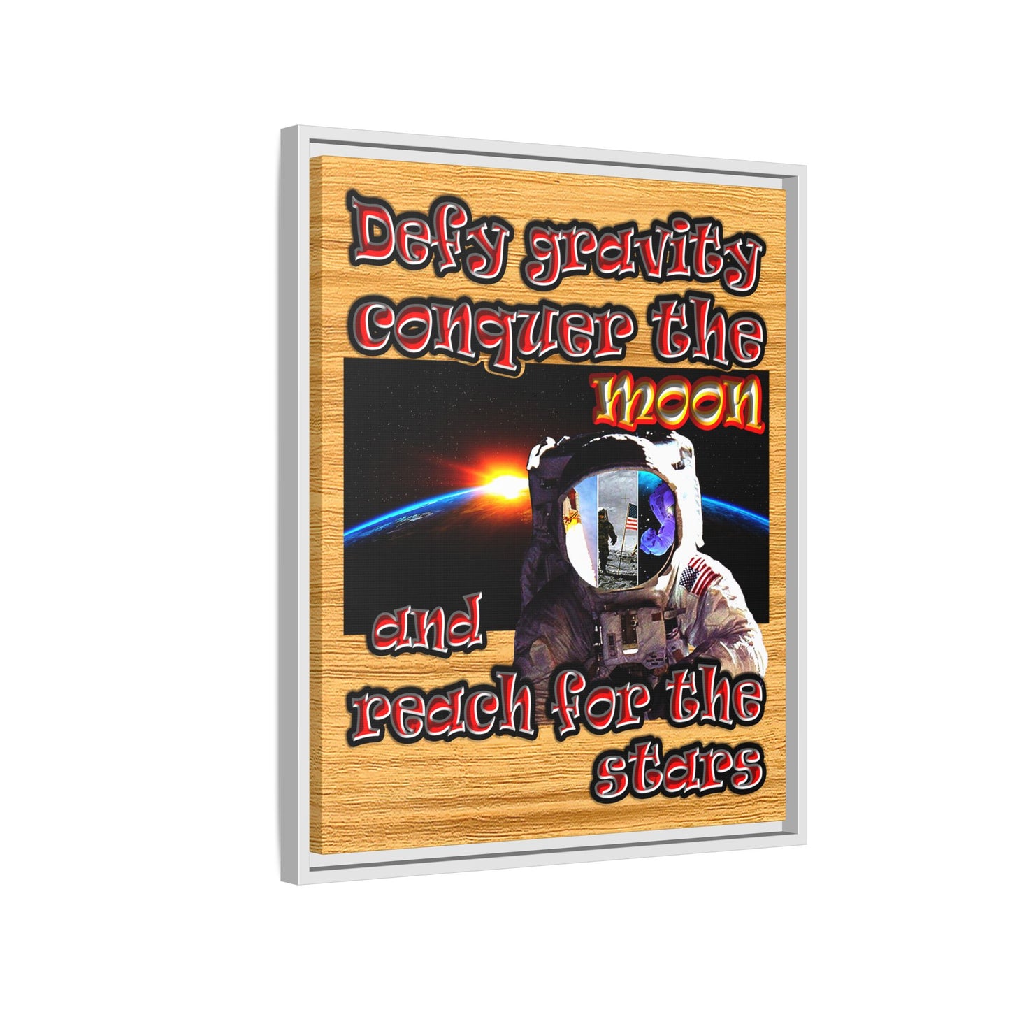 defy conquer reach - framed canvas art (butterscotch wood finish)