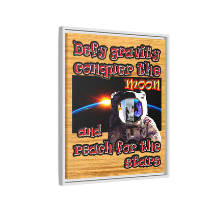 defy conquer reach - framed canvas art (butterscotch wood finish)