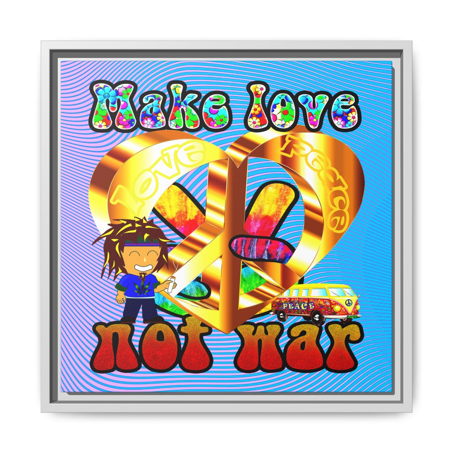 love peace - framed canvas art (light blue-purple wave)