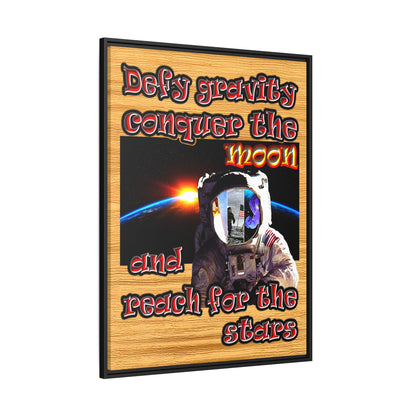defy conquer reach - framed canvas art (butterscotch wood finish)