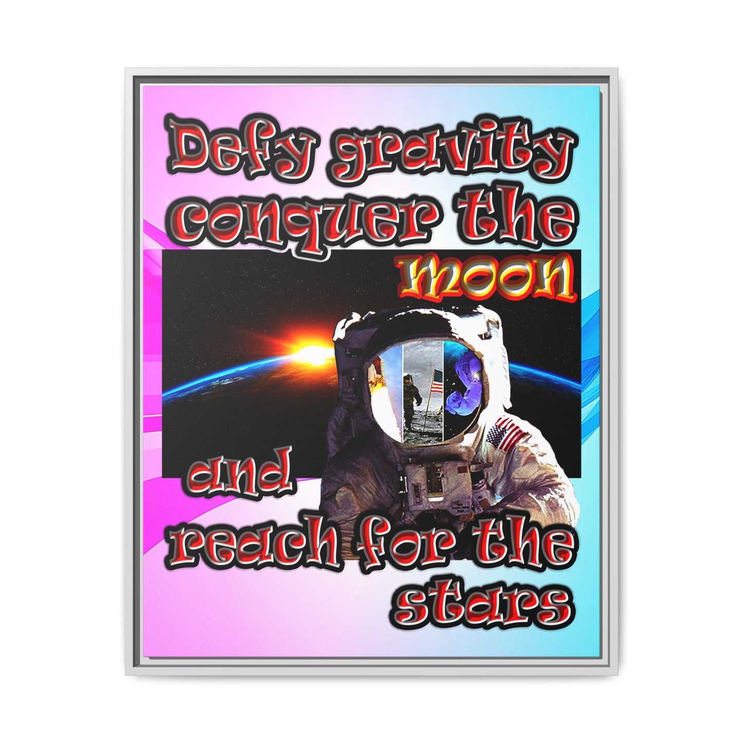 defy conquer reach - framed canvas art (light blue-pink wave)