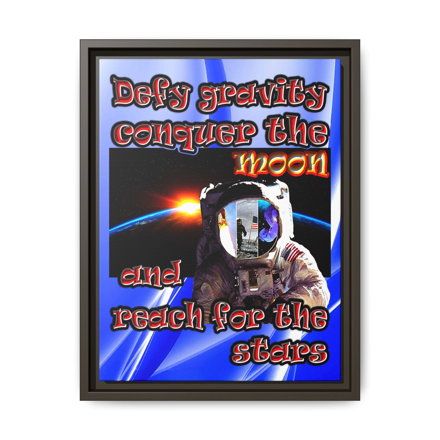 defy conquer reach - framed canvas art (blue-white wave)