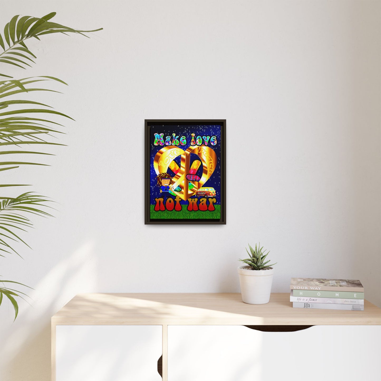 love peace - framed canvas art ('snoops' background)