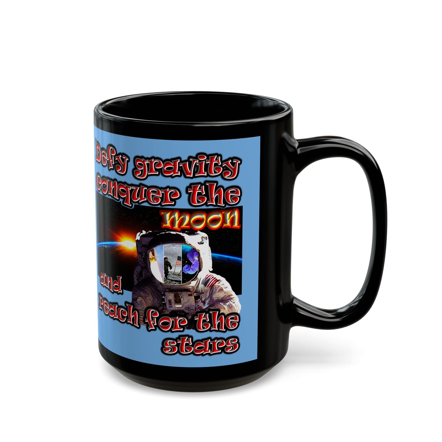 defy conquer reach - Black Mug (light blue)