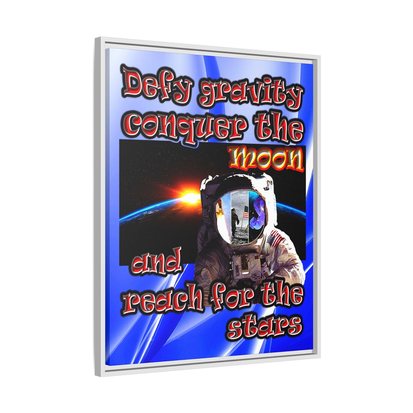 defy conquer reach - framed canvas art (blue-white wave)