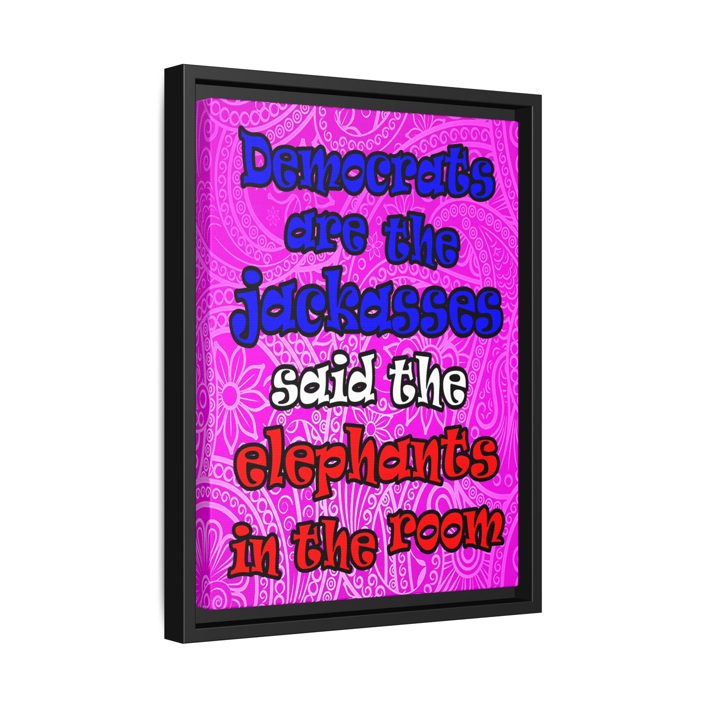 donkeys and elephants - framed canvas art (pink swirl)