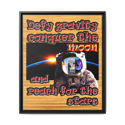 defy conquer reach - framed canvas art (butterscotch wood finish)