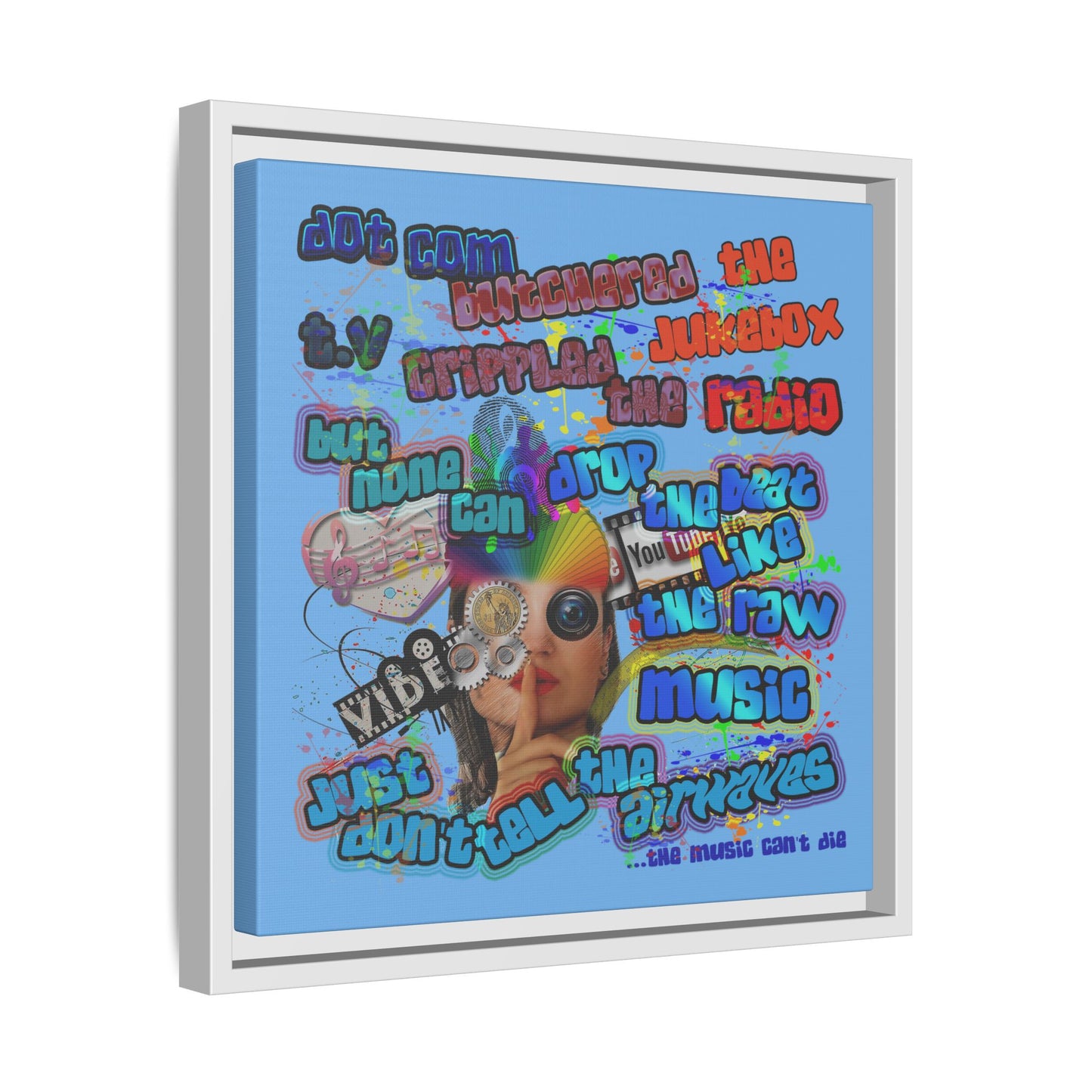 drop the beat - framed canvas art (light blue)