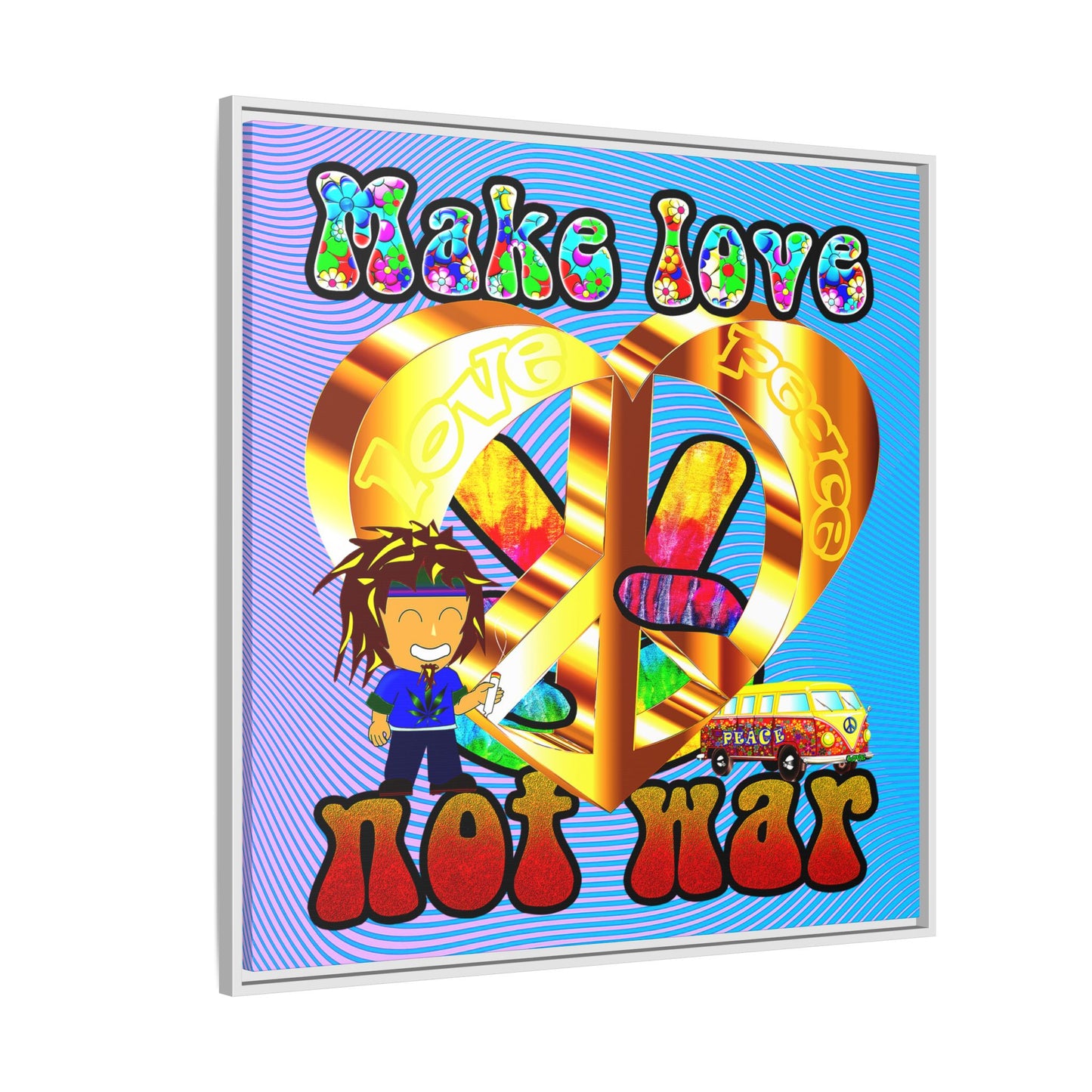 love peace - framed canvas art (light blue-purple wave)
