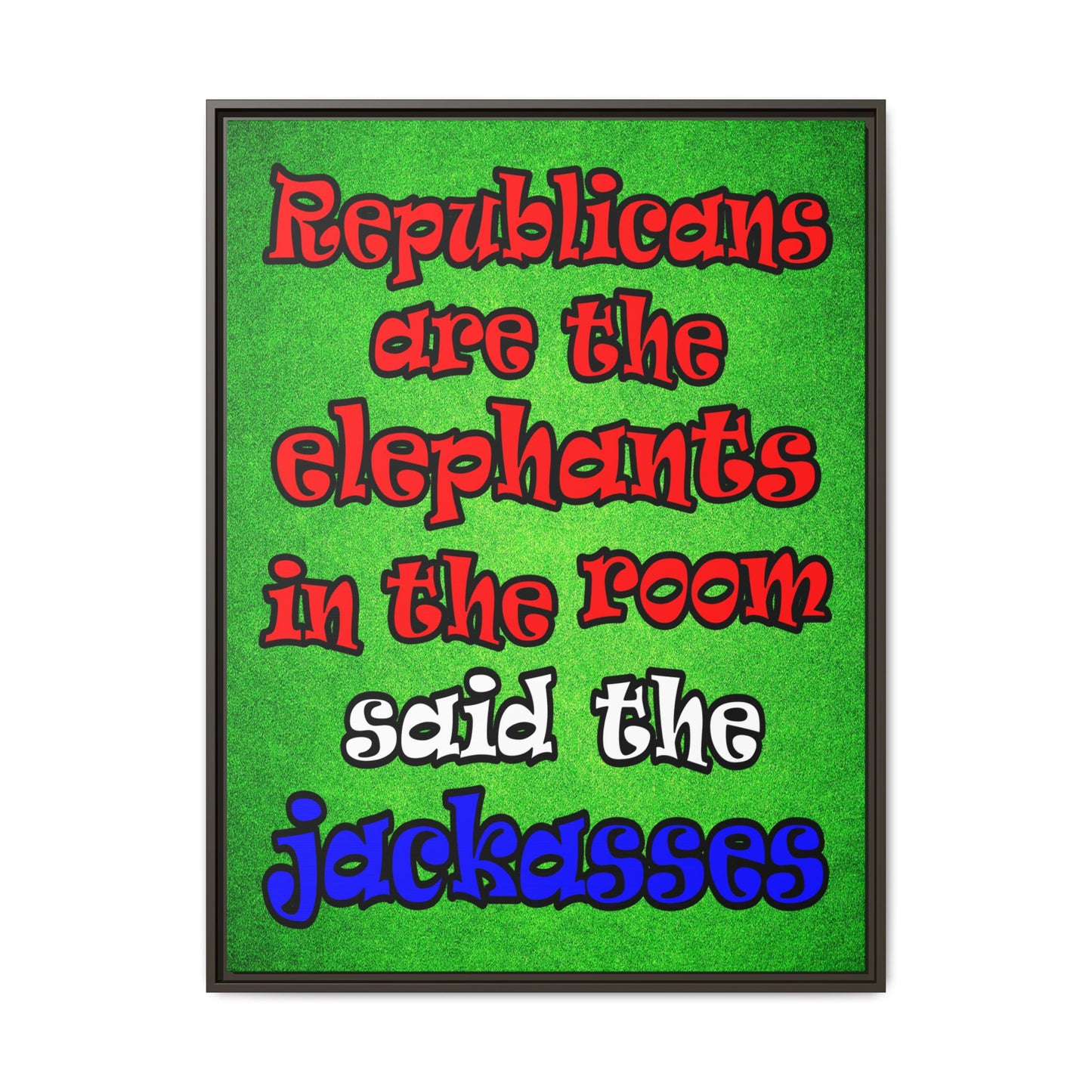 donkeys and elephants - framed canvas art (green turf)