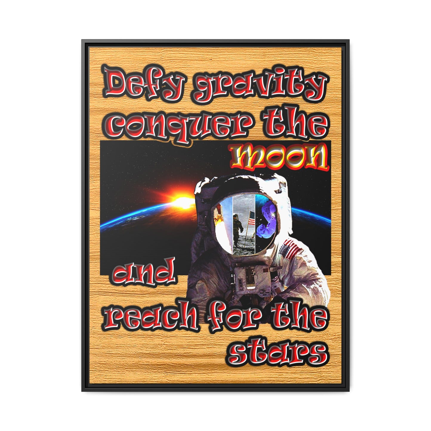 defy conquer reach - framed canvas art (butterscotch wood finish)