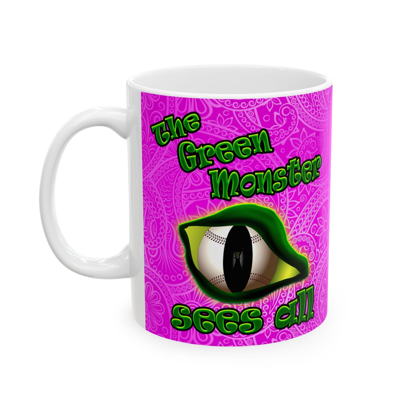 green monster - White Mug (pink swirl)
