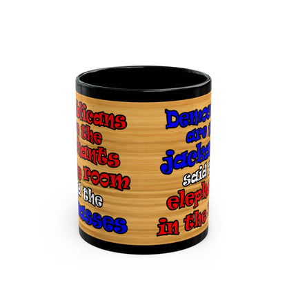 donkeys and elephants - Black Mug (butterscotch wood finish)