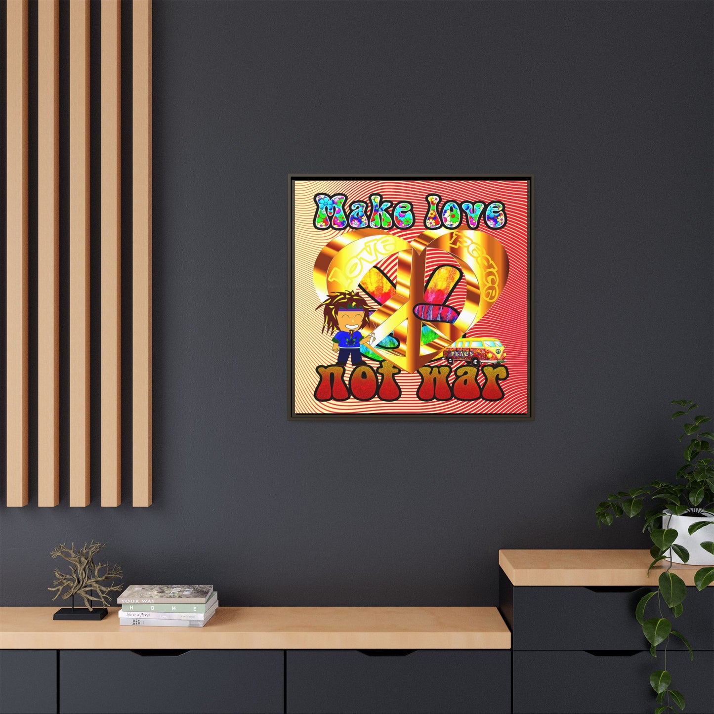 love peace - framed canvas art (yellow-orange wave)