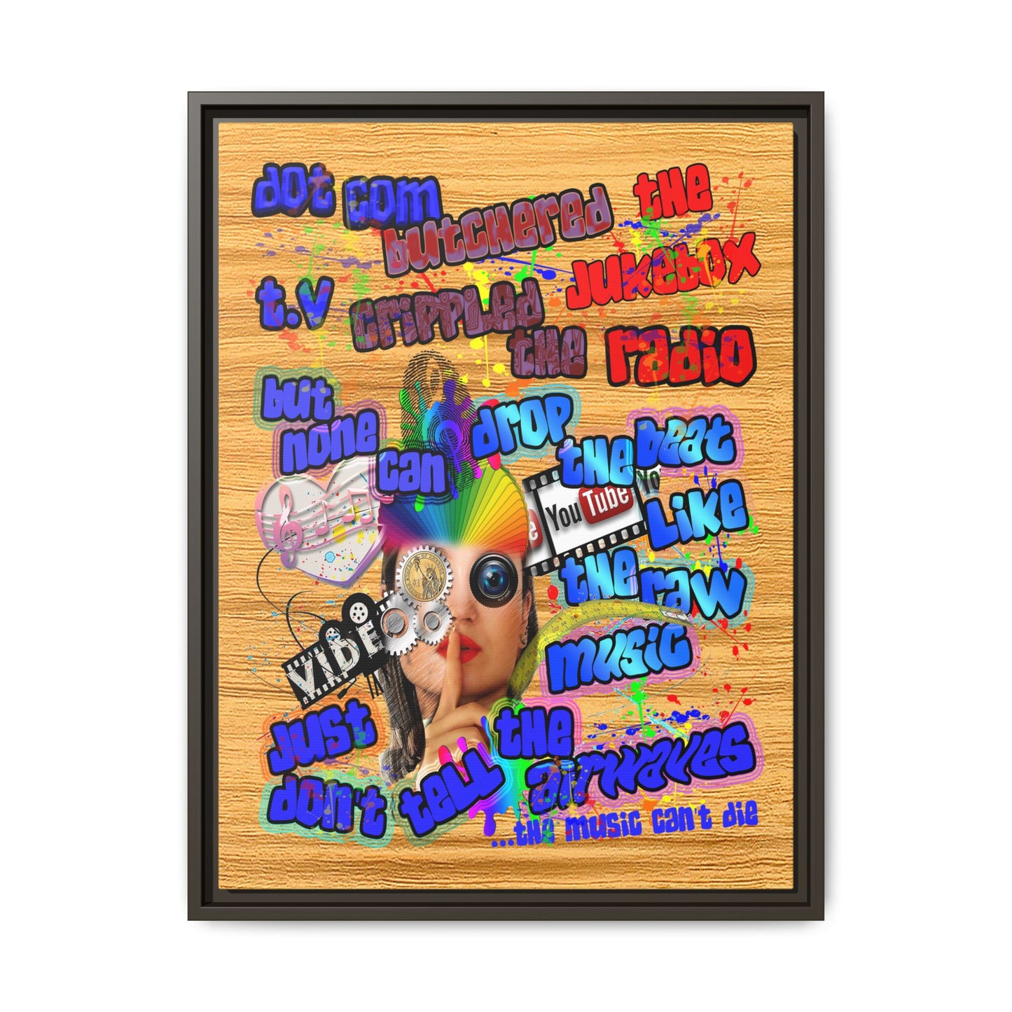 drop the beat - framed canvas art (butterscotch wood finish)