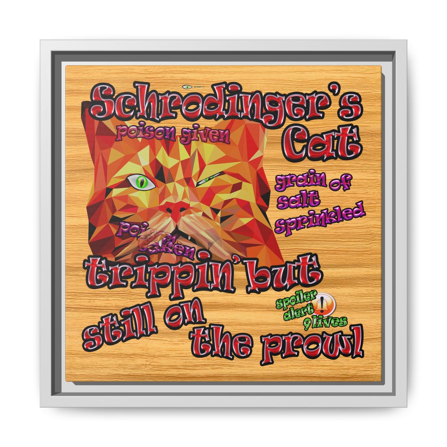 schrodinger's cat - framed canvas art (butterscotch wood finish)