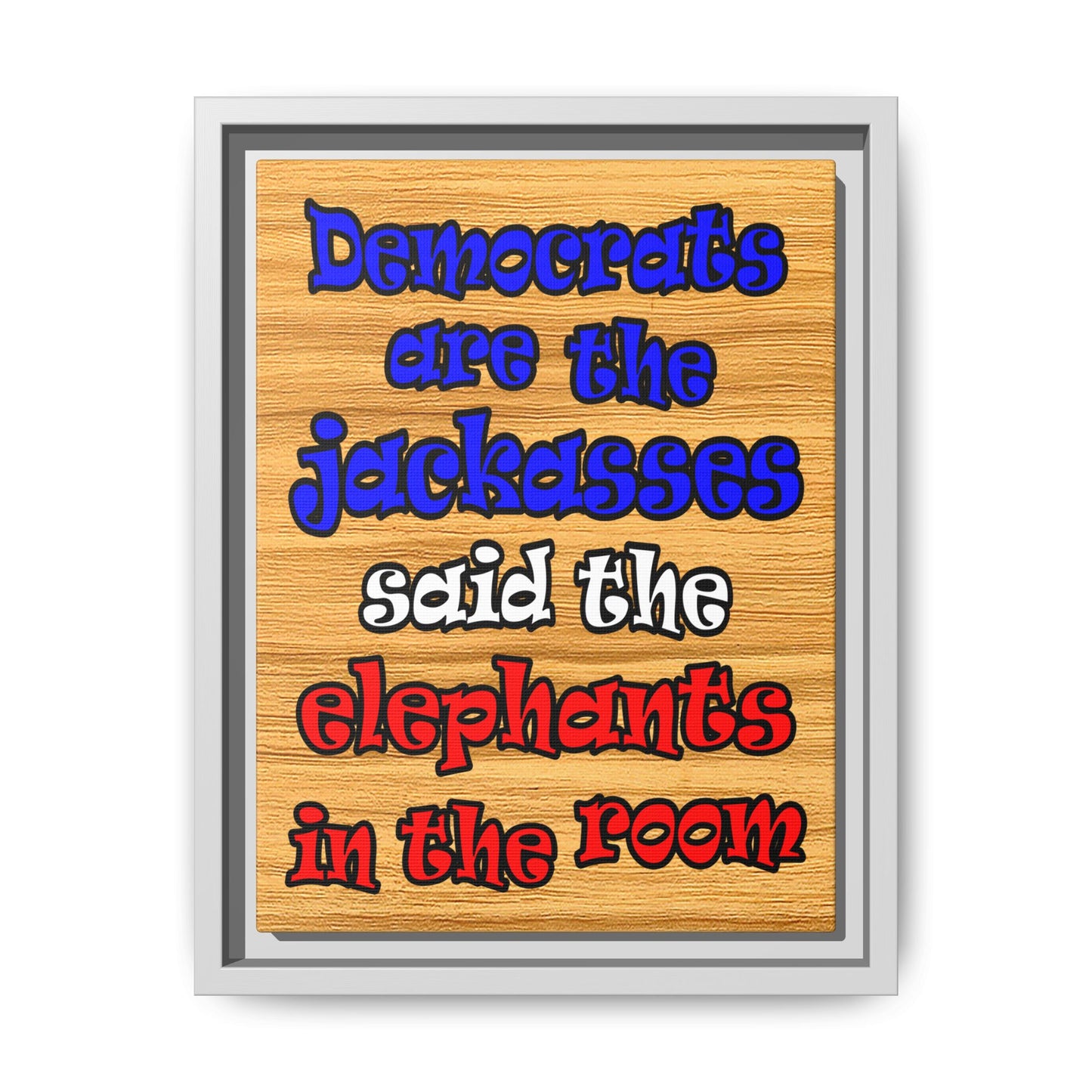 donkeys and elephants - framed canvas art (butterscotch wood finish)