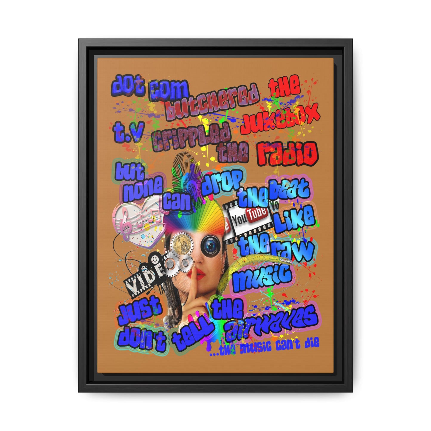 drop the beat - framed canvas art (light brown)