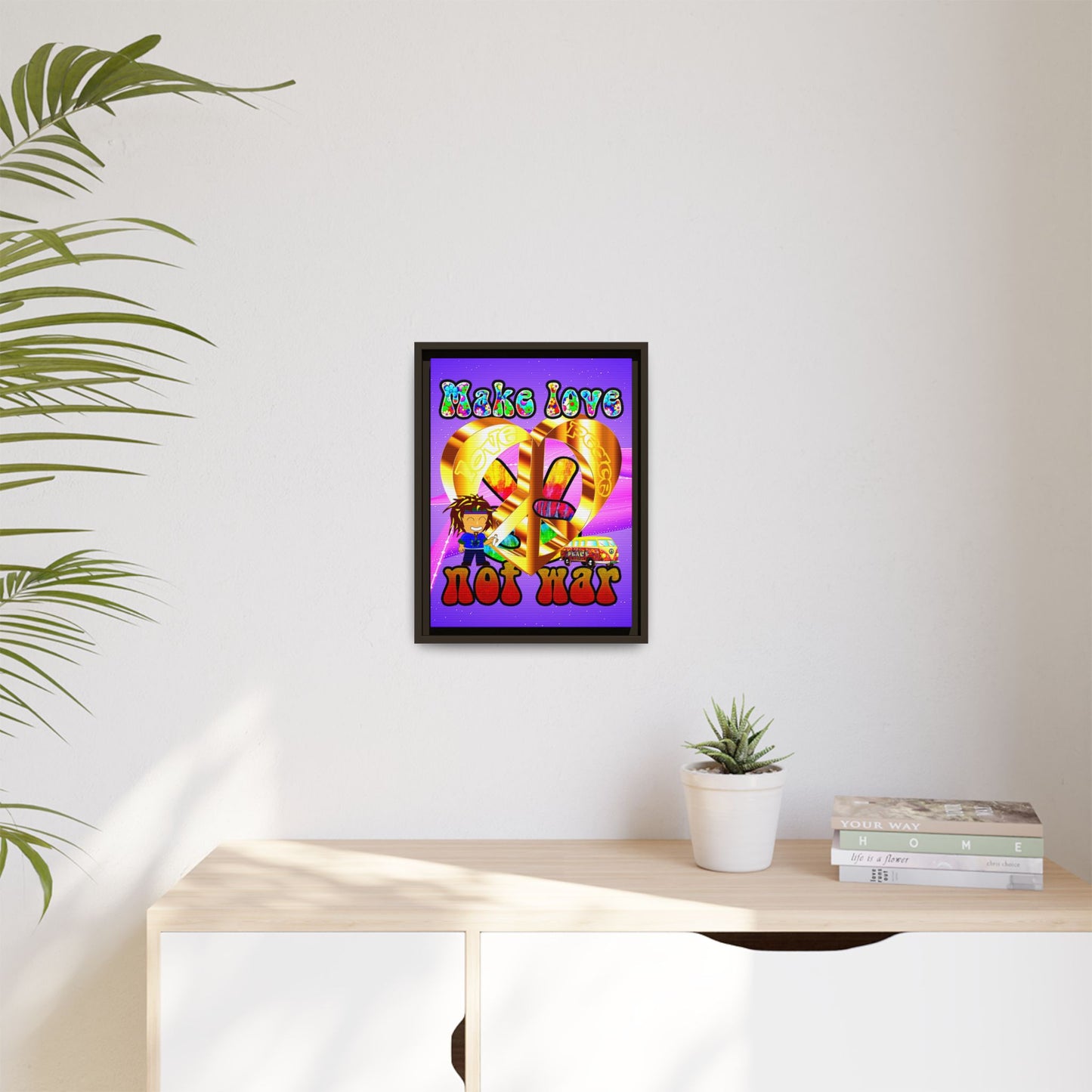 love peace - framed canvas art (purple-pink wave)