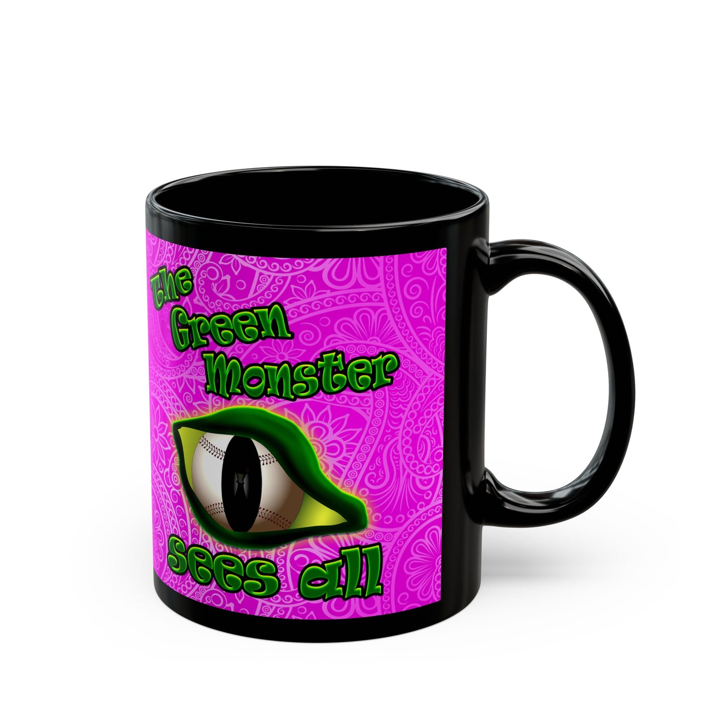 green monster - Black Mug (pink swirl)