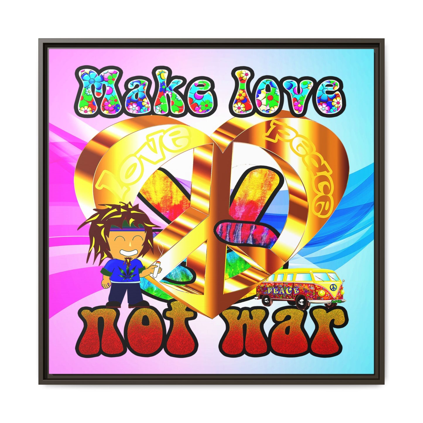 love peace - framed canvas art (light blue-pink wave)