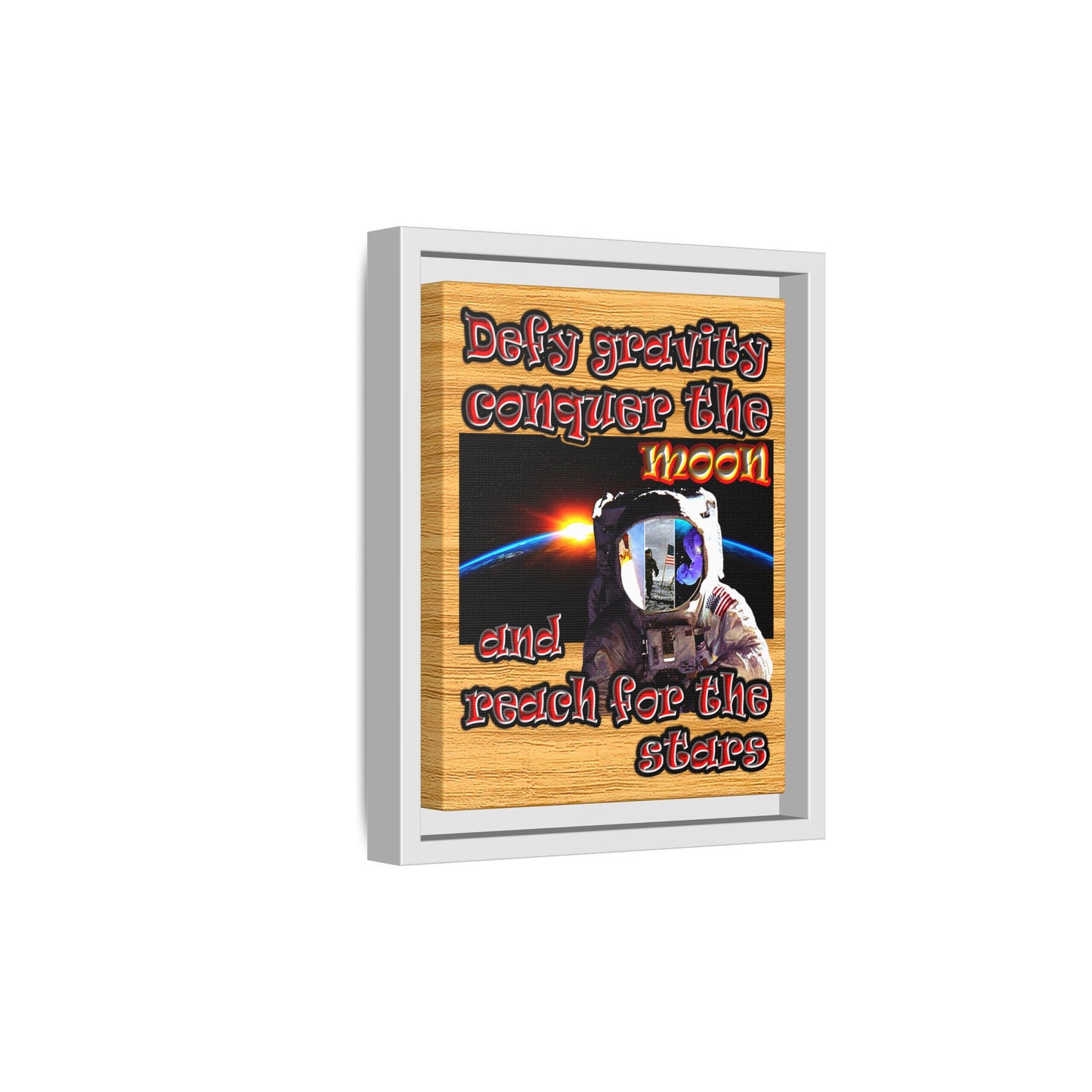 defy conquer reach - framed canvas art (butterscotch wood finish)