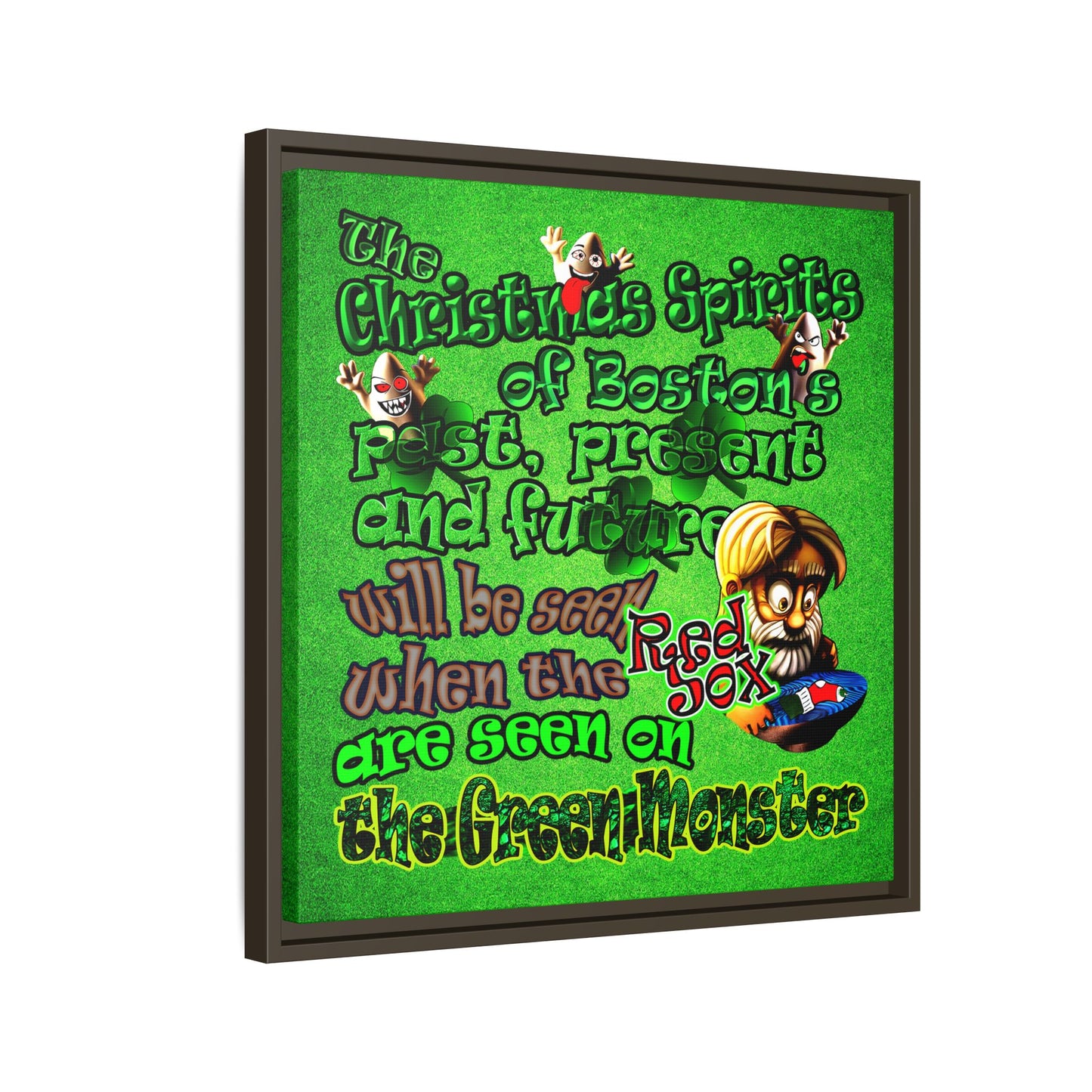 christmas spirits of boston - framed canvas art (green turf)