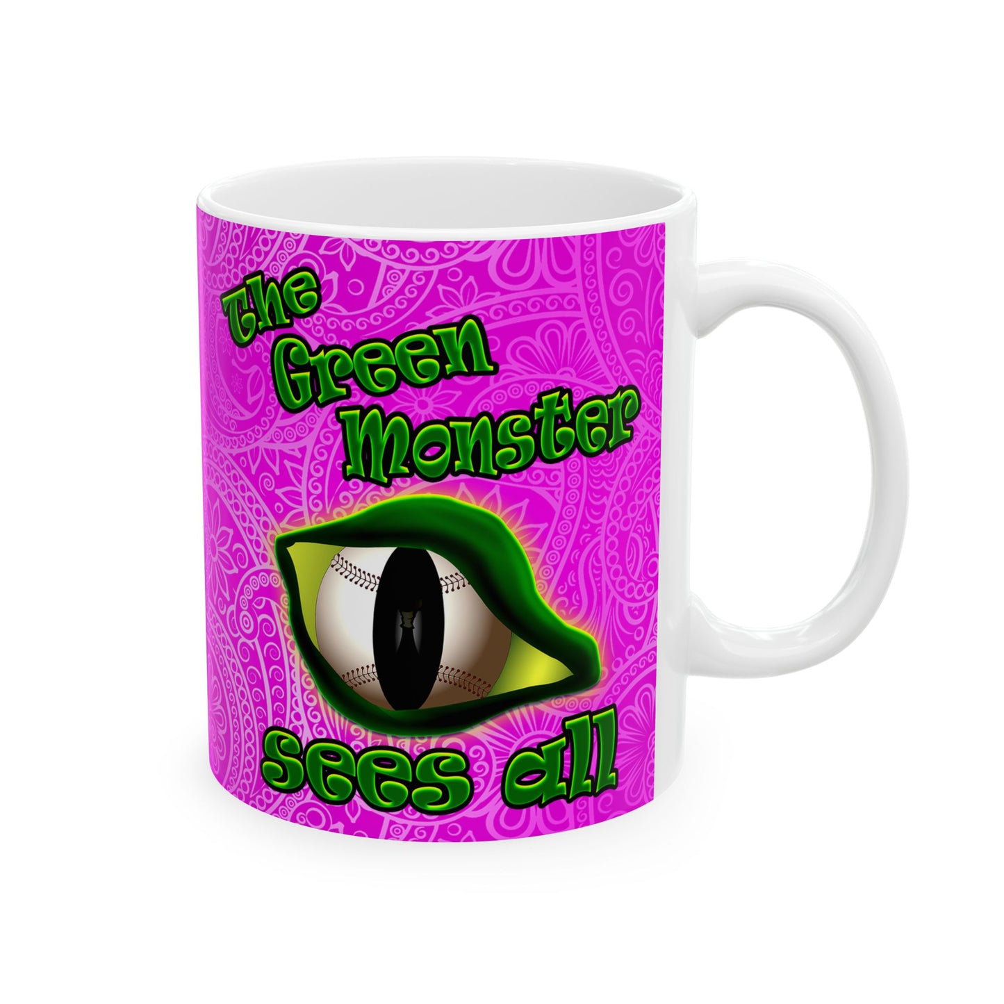 green monster - White Mug (pink swirl)