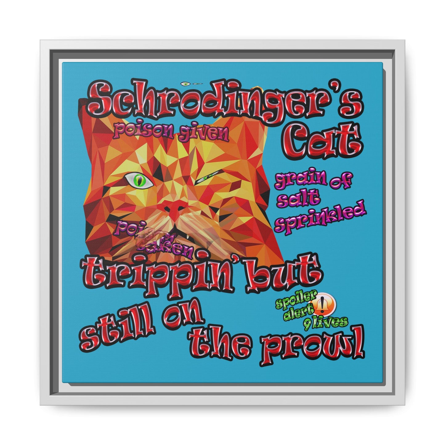 schrodinger's cat - framed canvas art (turquoise)