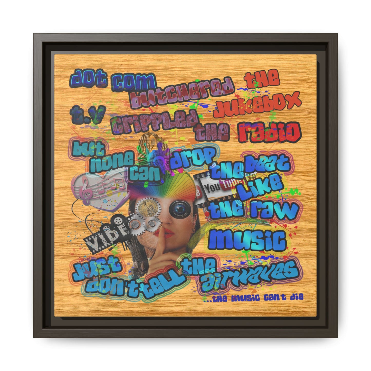 drop the beat - framed canvas art (butterscotch wood finish)