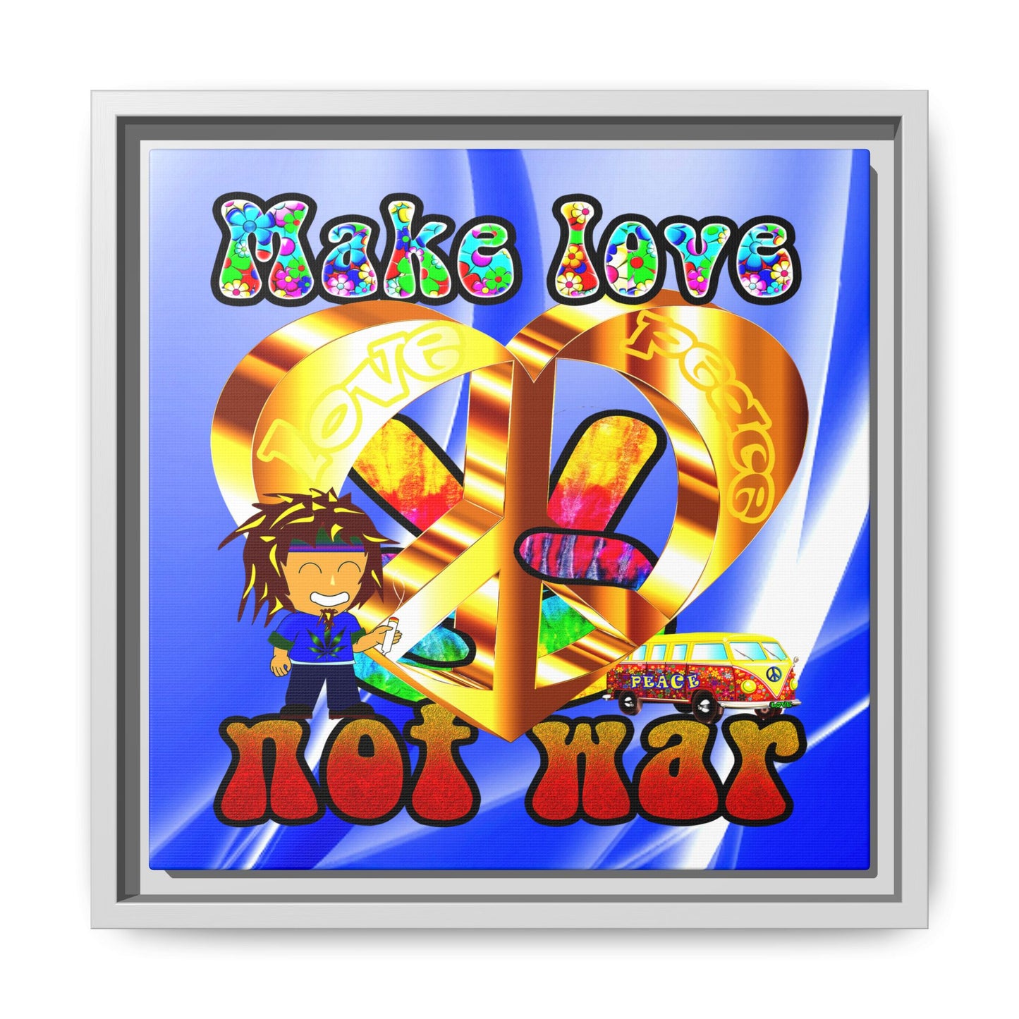 love peace - framed canvas art (blue-white wave)