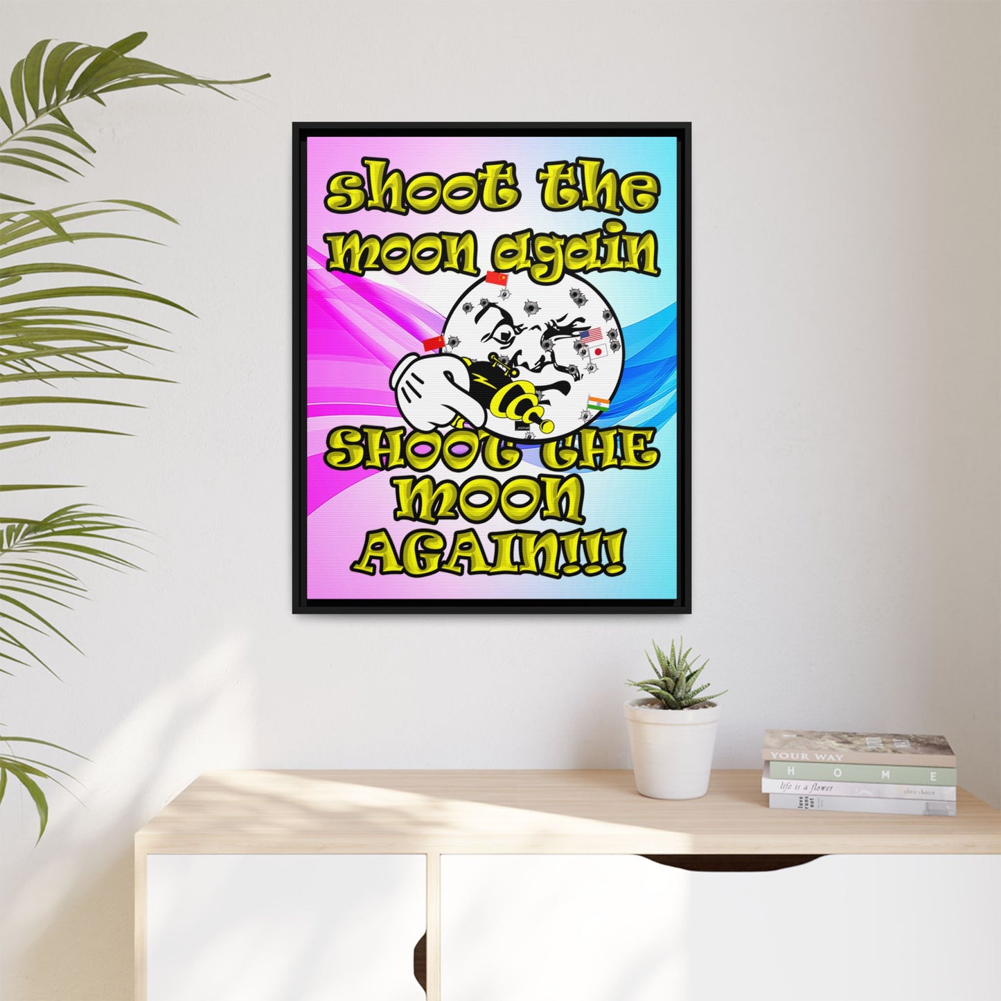 shoot the moon again - framed canvas art (light blue-pink wave)