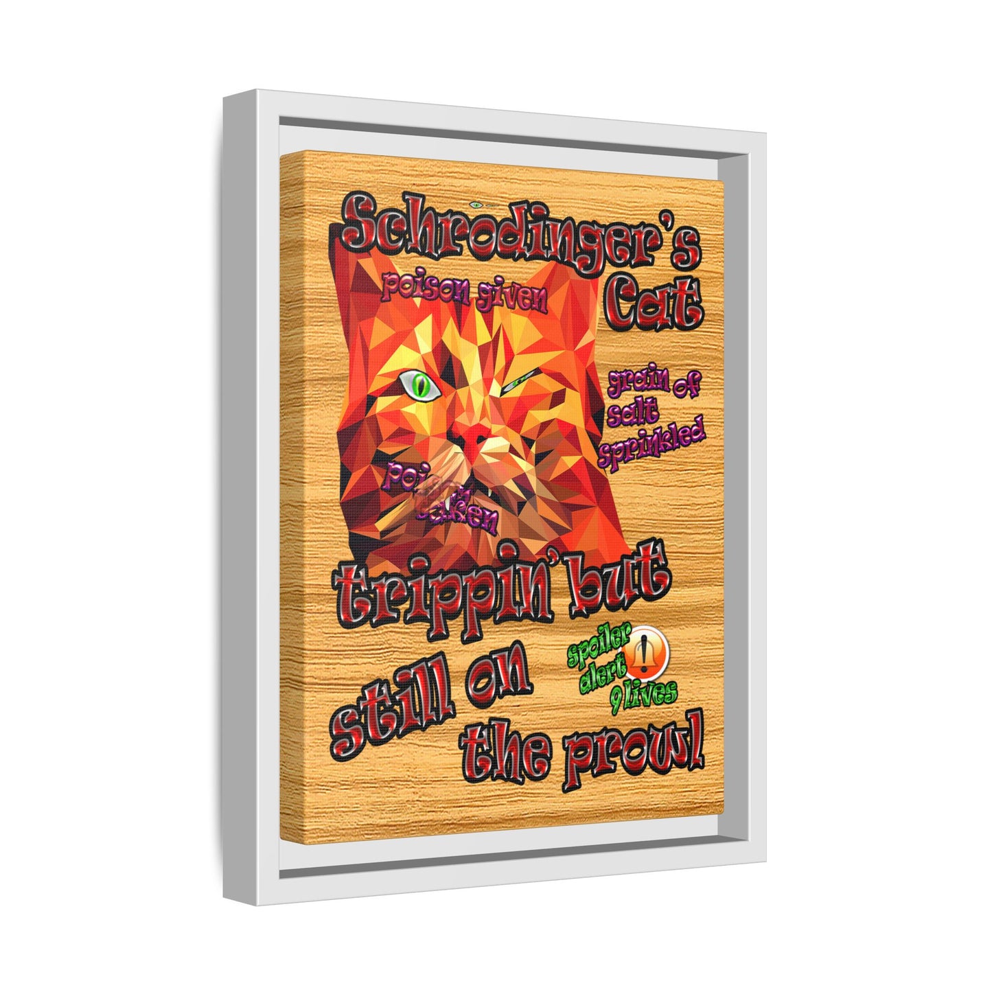 schrodinger's cat - framed canvas art (butterscotch wood finish)