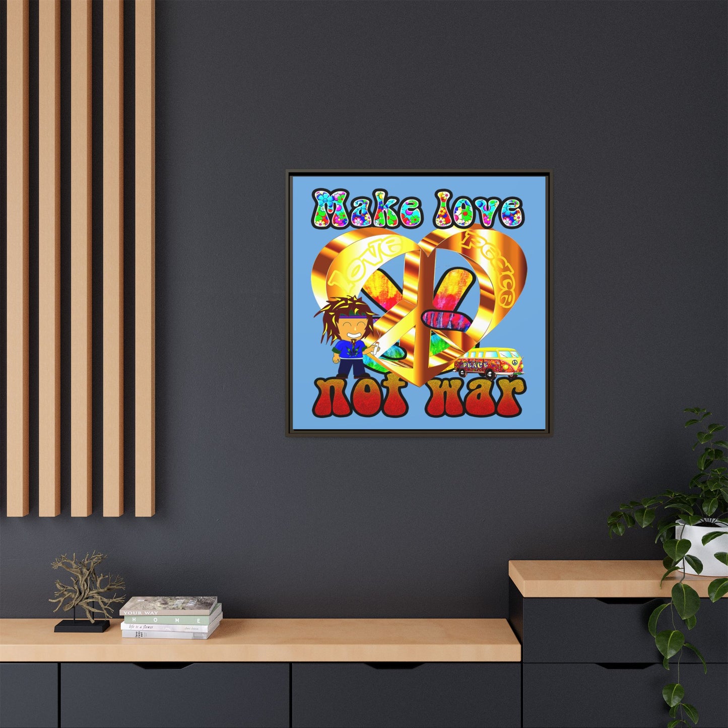 love peace - framed canvas art (light blue)