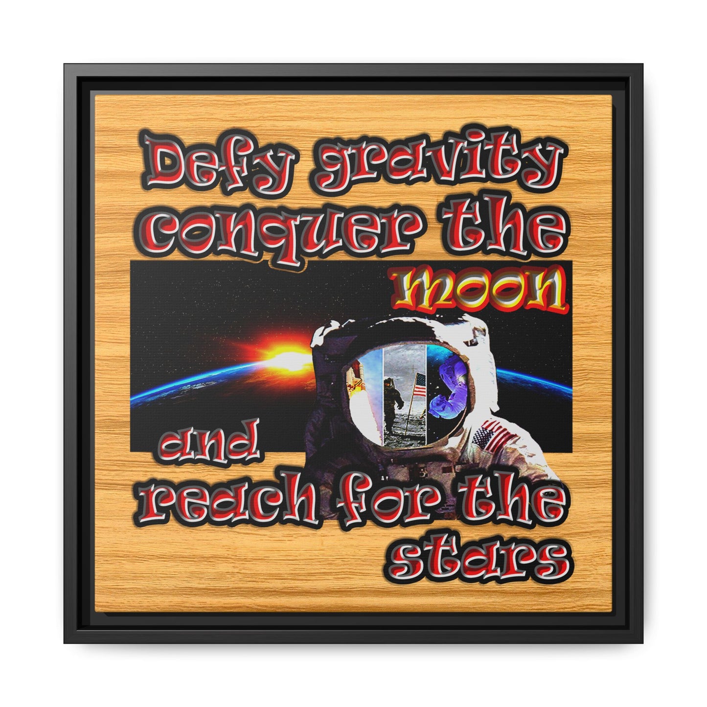 defy conquer reach - framed canvas art (butterscotch wood finish)