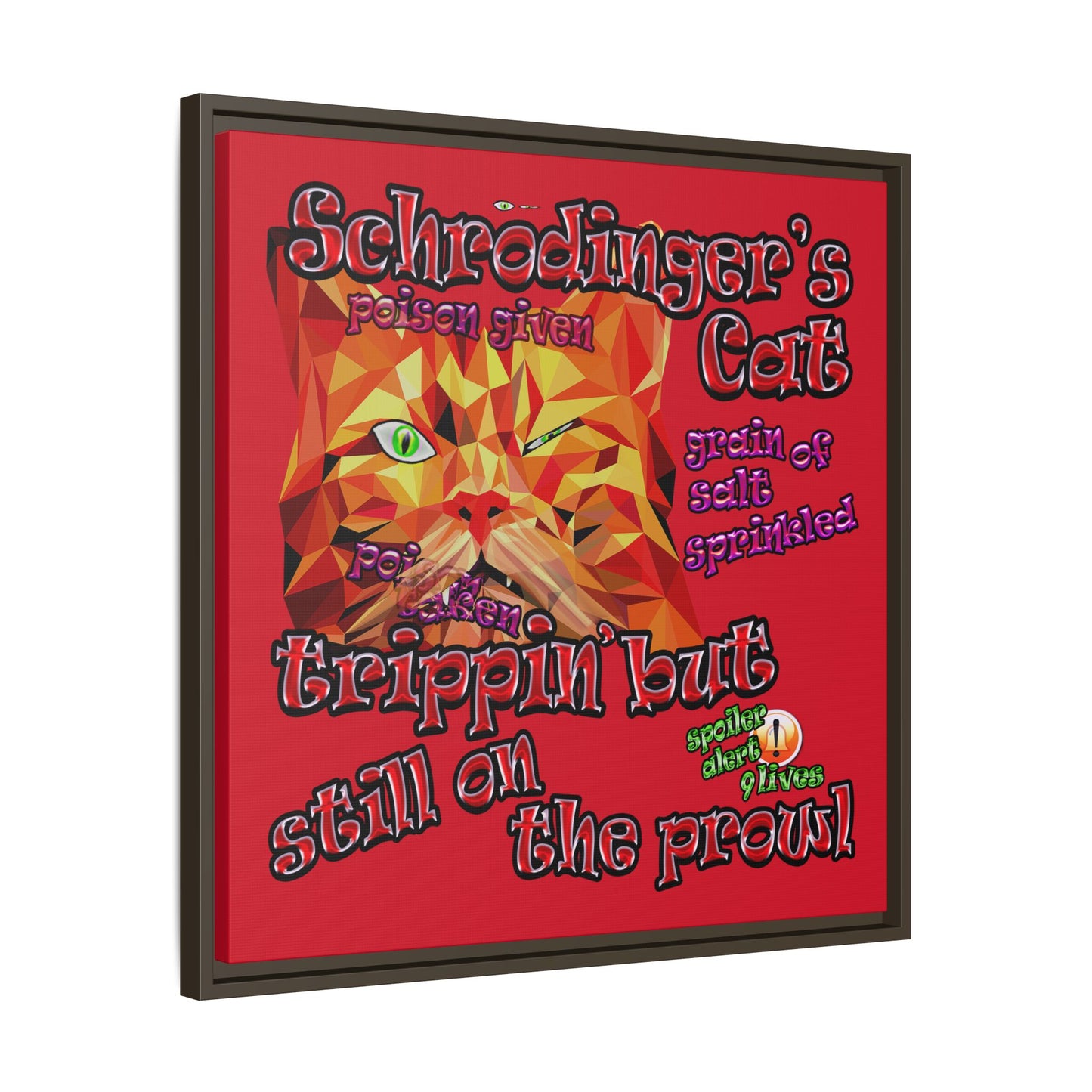 schrodinger's cat - framed canvas art (dark red)