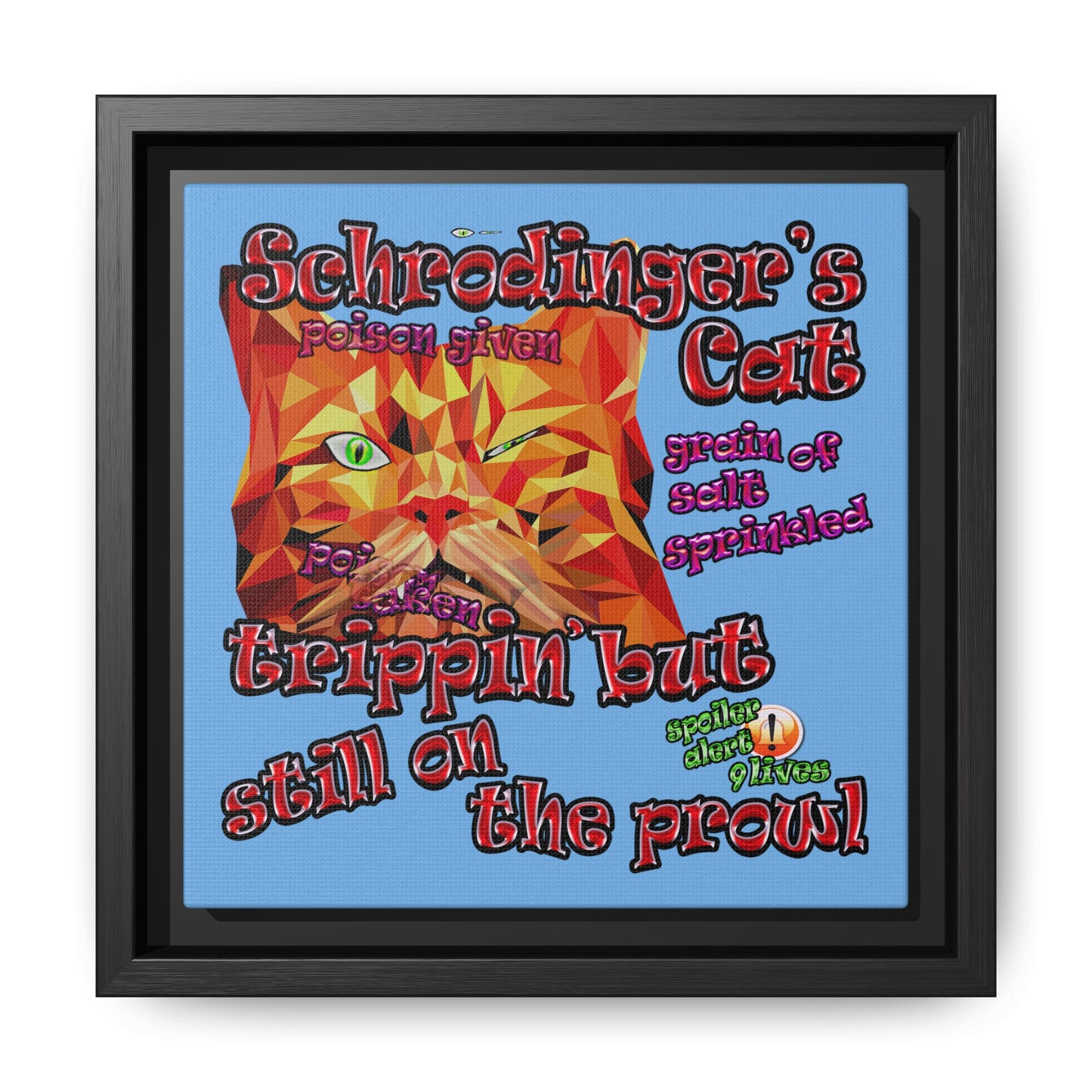 schrodinger's cat - framed canvas art (light blue)