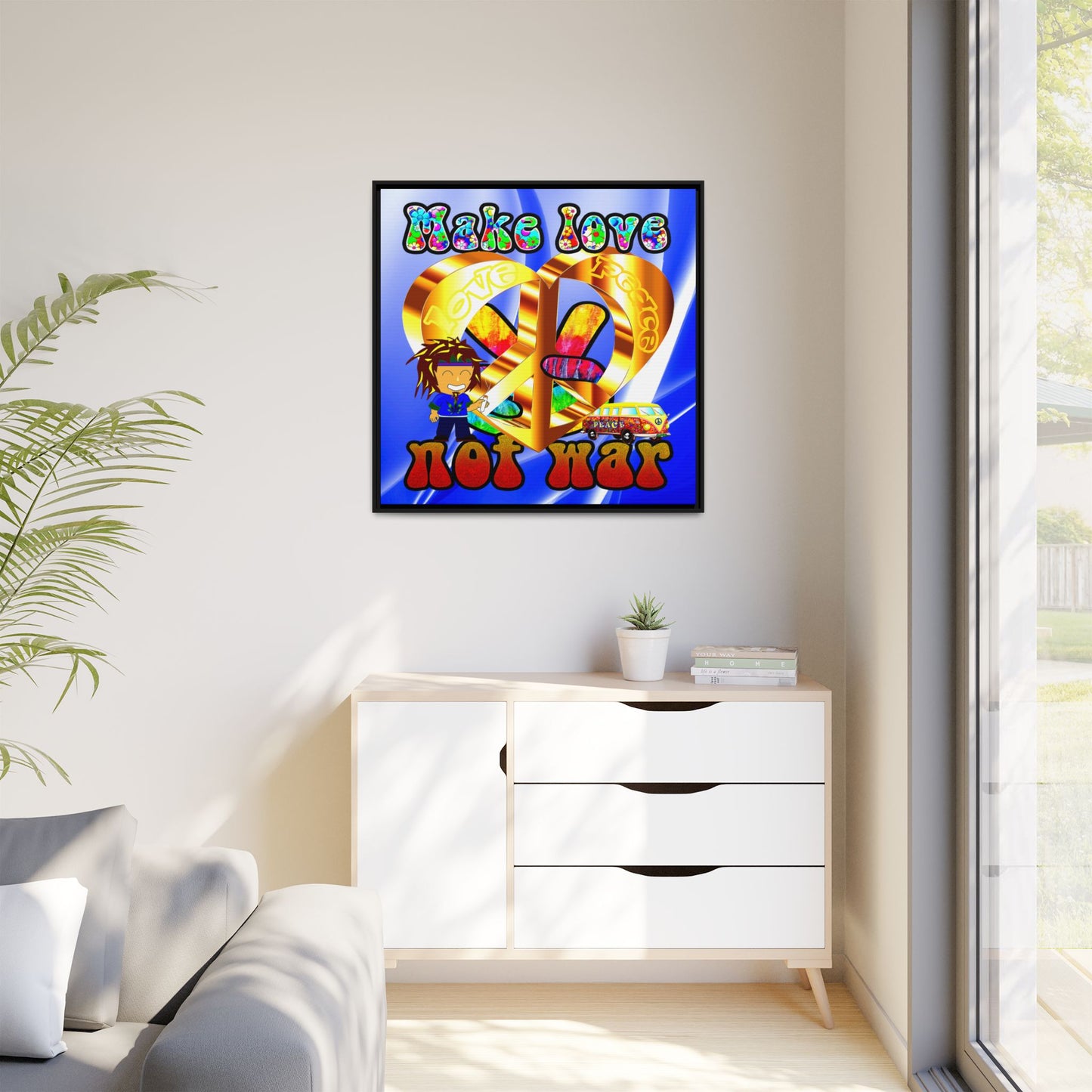 love peace - framed canvas art (blue-white wave)