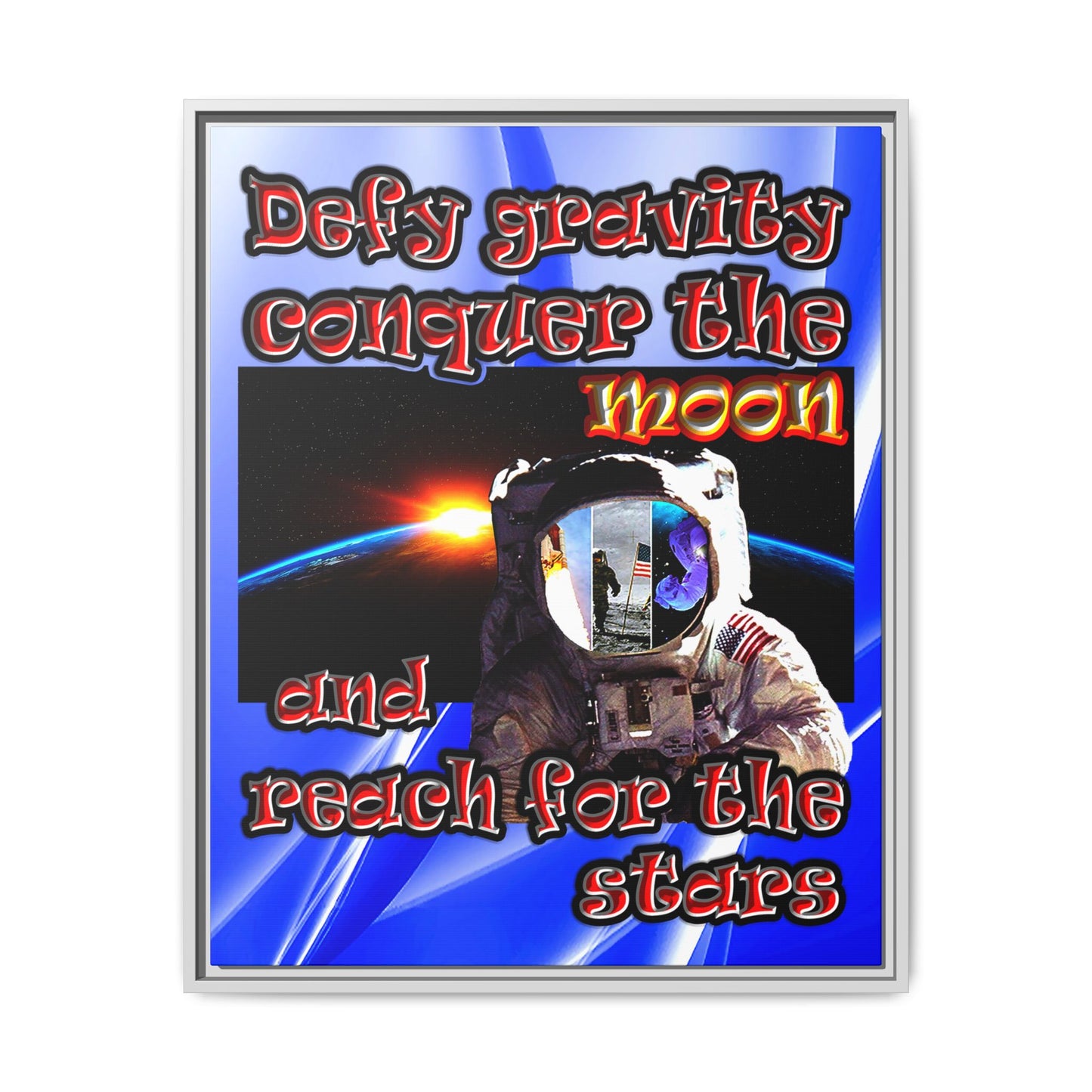 defy conquer reach - framed canvas art (blue-white wave)
