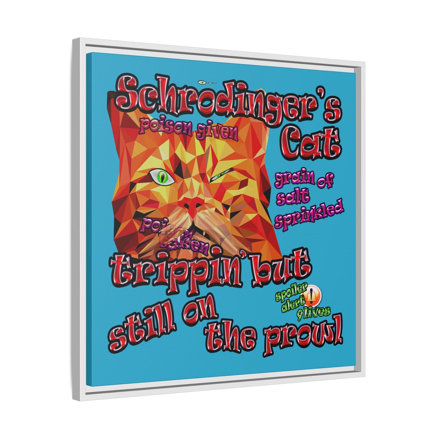 schrodinger's cat - framed canvas art (turquoise)